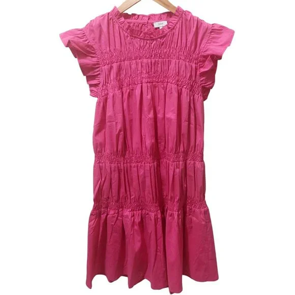 NWT Voy Pink Tiered Ruffle Mini Dress Short Sleeves Smocked Detail Size Small - Picture 4 of 8